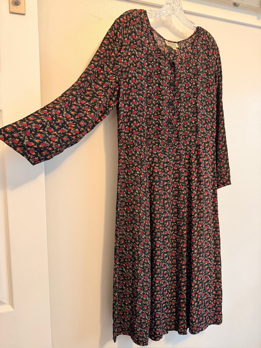 Black Long-Sleeve Floral Midi Dress with Pink Floral Print & Five Front Buttons